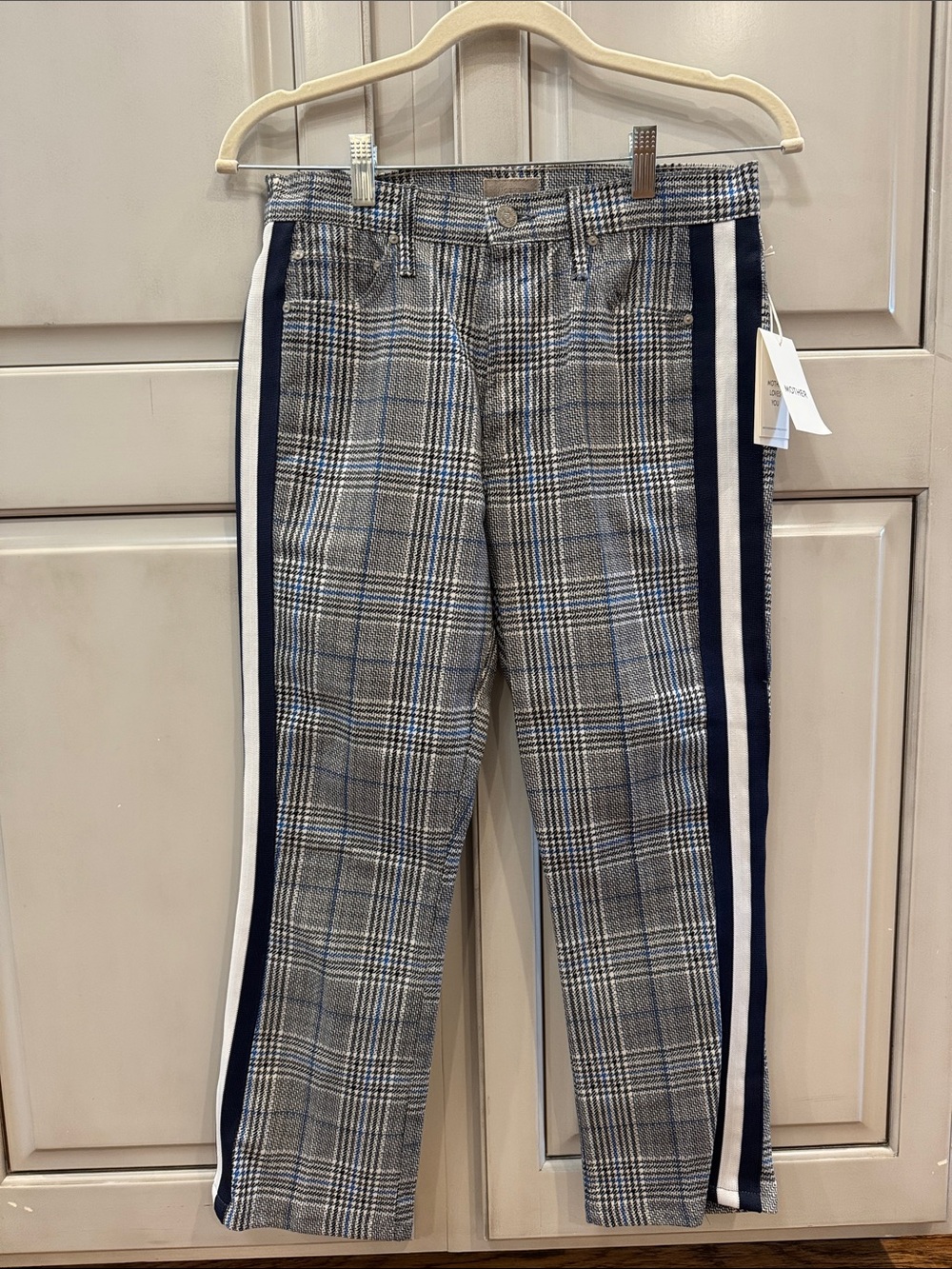 MOTHER Glen Plaid Chinos with Navy & White Side Stripes